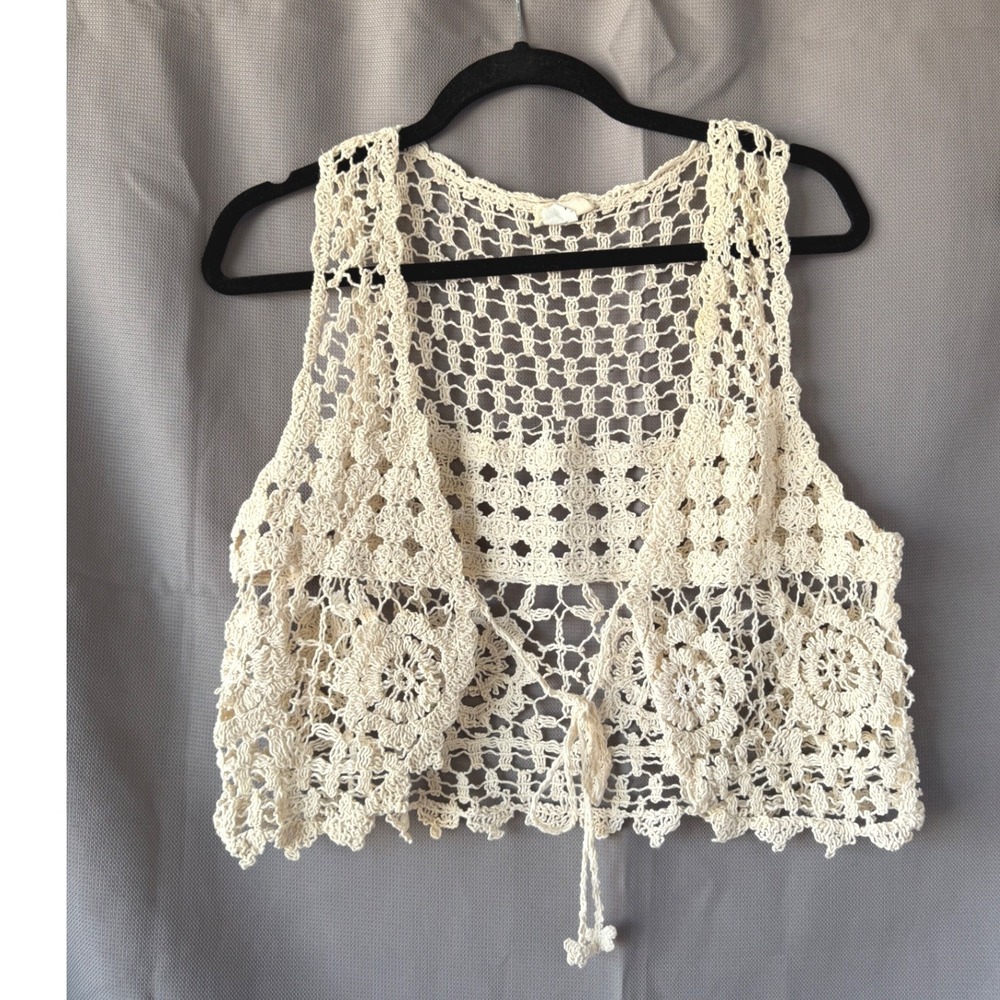 100% Cotton Cottagecore Festival Hippie Crochet Vest Cream Boho Floral One Size